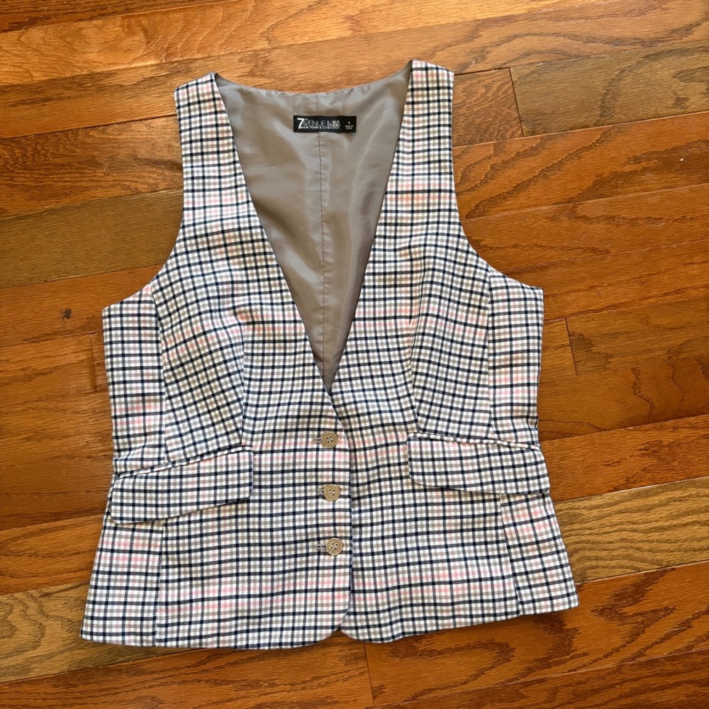 7th Avenue Design Studio Plaid Vest Grey Navy Pink Tailored Waistcoat Size 6